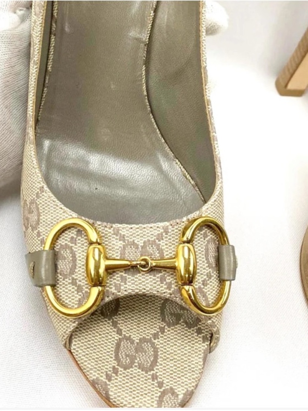🛍️Gucci Authentic Horsebit Canvas Peep-Toe Pumps & All Original Packaging - Picture 8 of 17